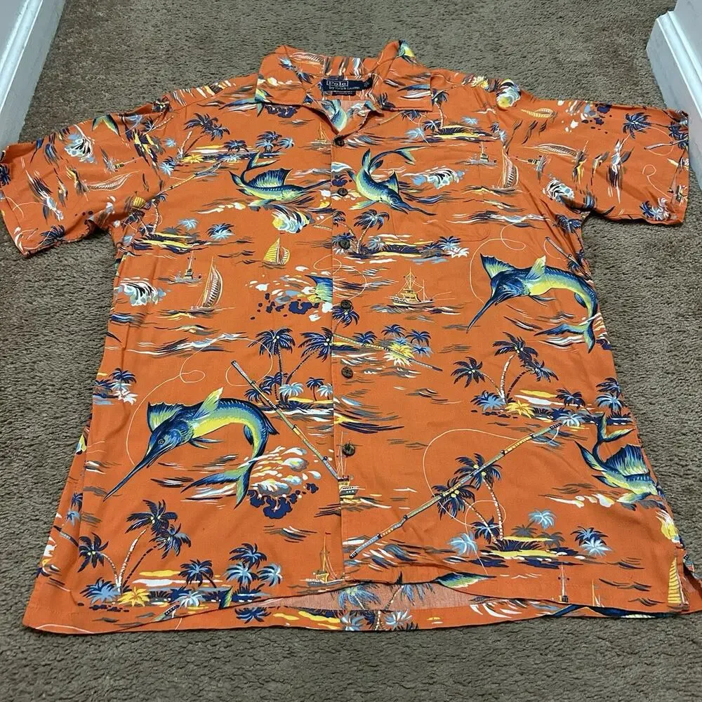 Polo Ralph Lauren Swordfish Hawaiian Luau VTG Button Up Shirt Size L Classic Did